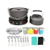 Camping Cookware Mess Kit, Outdoor Cookware Set Large Size Hanging Pot Pan Kettle With Base Cook Set For 4