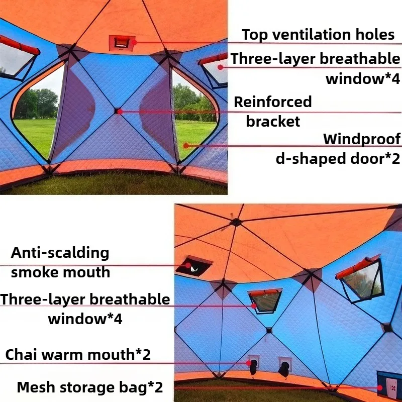 Hexagonal Cotton-padded Tent Keep Warm Ice Fishing Camp Tent Winter Fishing Tents Wind Snow Resistant Travel Camping Equipment - Image 4